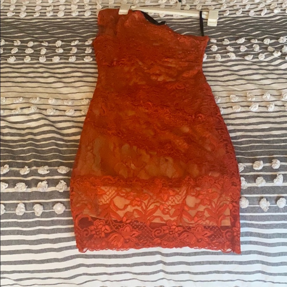 Bebe Orange, one shoulder, lace dress